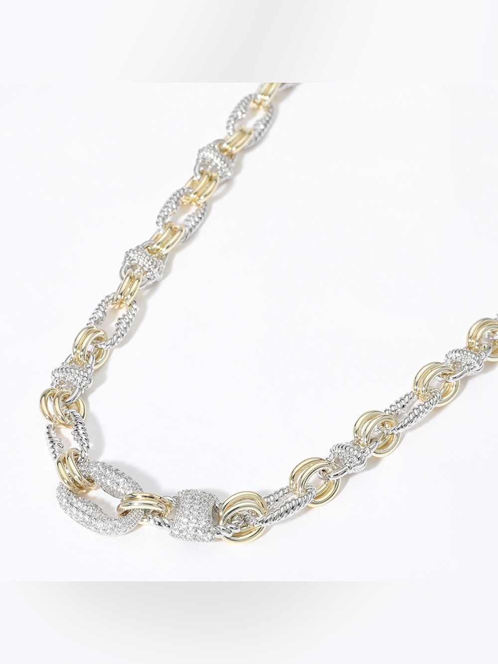 14K Gold Plated Two Tone CZ Stone Paved Mariner Link Necklace